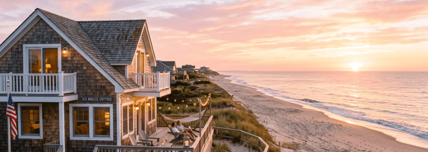 Beach house on sandy dunes beside ocean at sunset