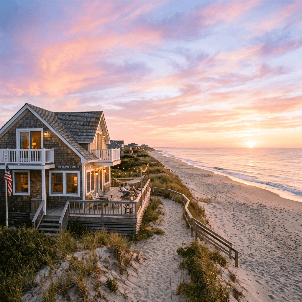 Beach house on sandy dunes beside ocean at sunset